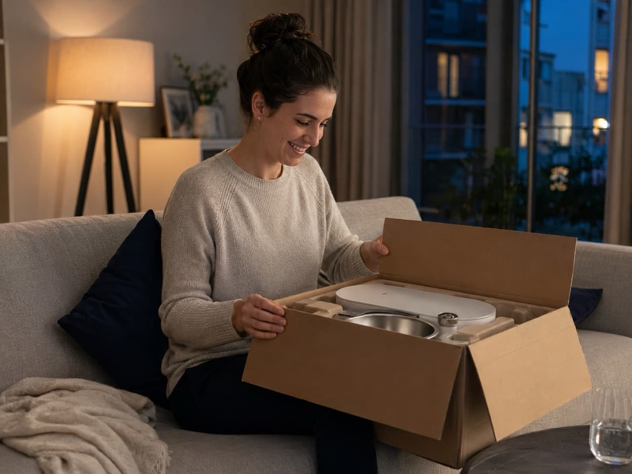 Mitarbeiterin packt abends auf dem Sofa ihre neue Küchenmaschine aus