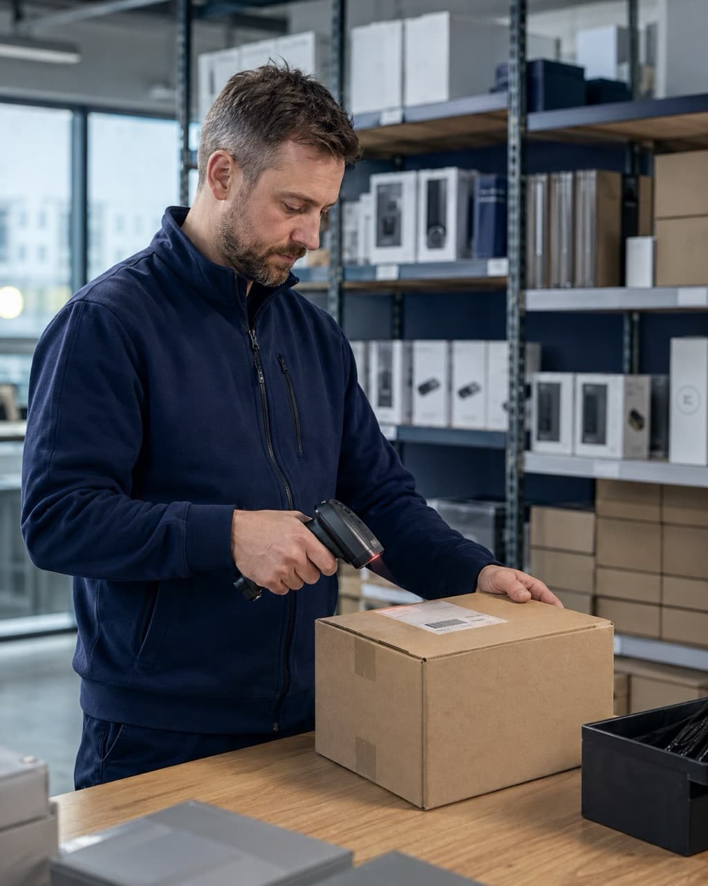Logistikmitarbeiter scannt im Markenlager ein versandfertiges Paket mit dem Handscanner